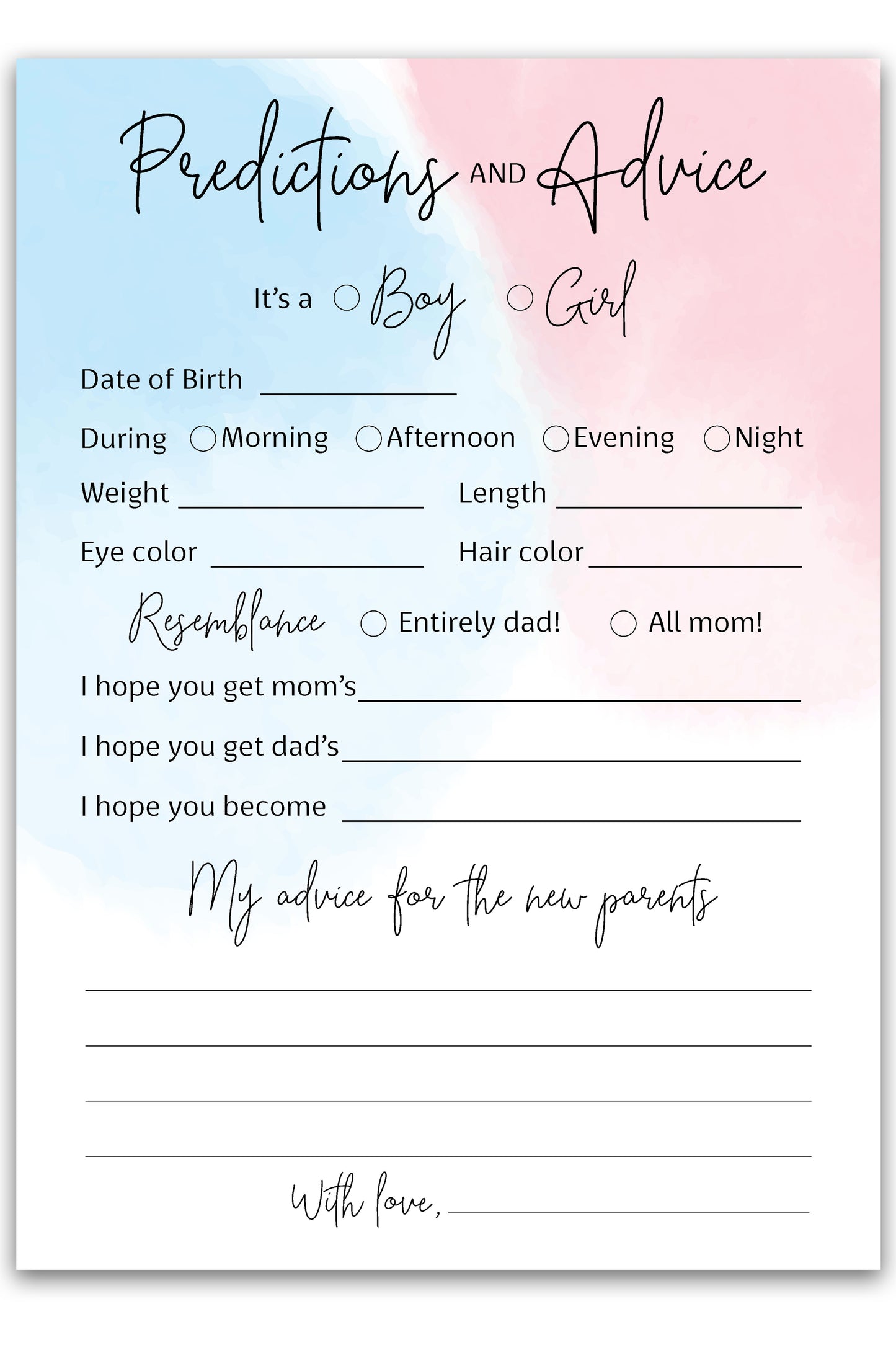 Blue of Pink Theme Baby Shower Game • Predictions & Advice Cards • SET of 25 • Girl or Boy Gender Reveal