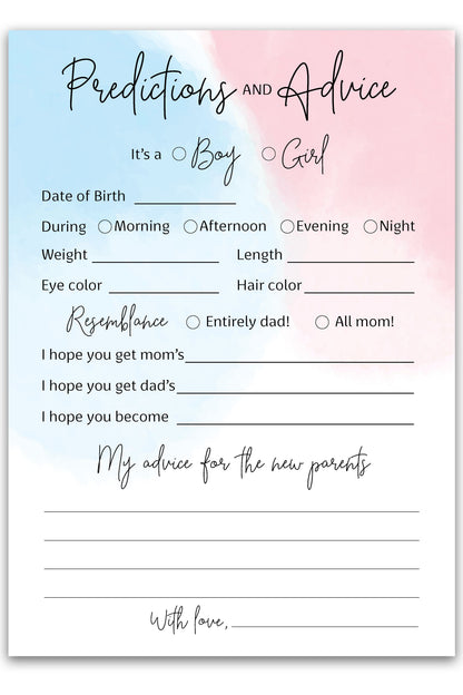 Blue of Pink Theme Baby Shower Game • Predictions & Advice Cards • SET of 25 • Girl or Boy Gender Reveal