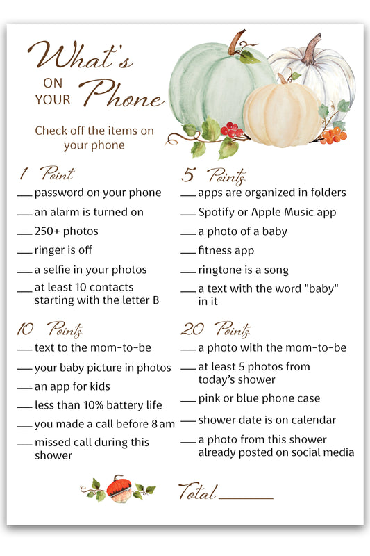 Little Pumpkin Baby Shower Game — What’s On Your Phone — Pack of 25 — Fall & Halloween Baby Shower Activity