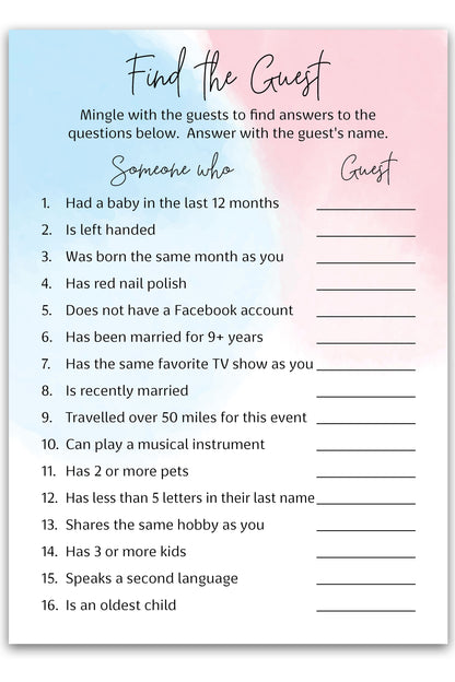 Blue or Pink Theme Baby Shower Game - Find The Guest • SET of 25 • Gender Reveal