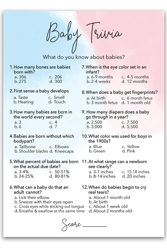 Blue or Pink Baby Shower Game • Baby Trivia • SET of 25 • Gender Reveal