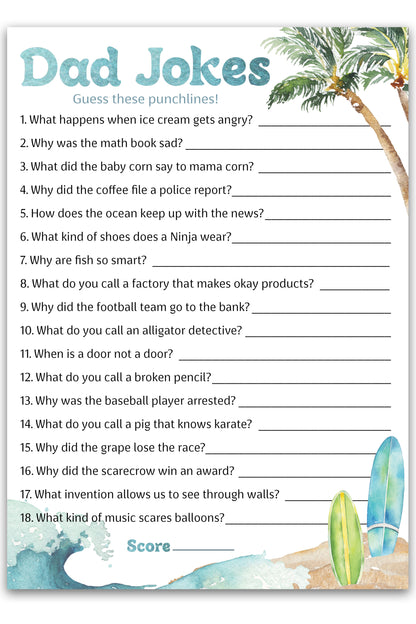 Ocean Surf Baby Shower Game - Dad Jokes - Pack of 25 - Printed