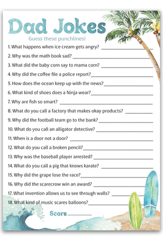 Ocean Surf Baby Shower Game - Dad Jokes - Pack of 25 - Printed