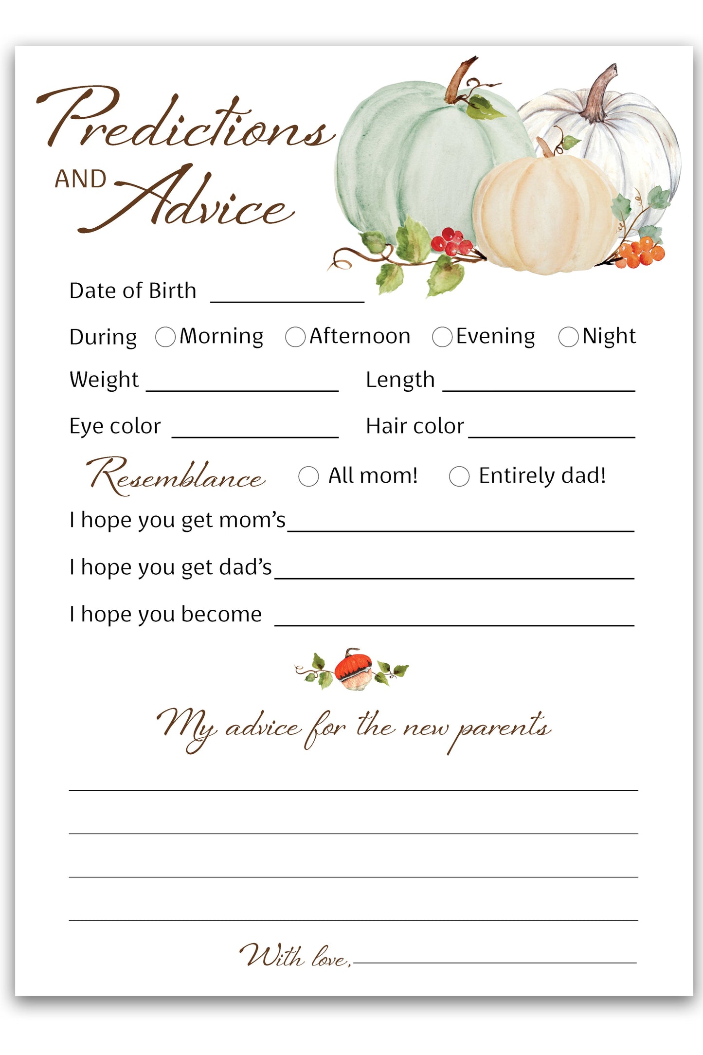 Little Pumpkin Baby Shower Prediction & Advice Cards — Pack of 25 — White Pumpkins Keepsake for New Parents