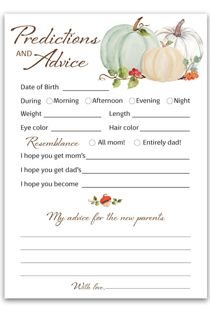 Little Pumpkin Baby Shower Prediction & Advice Cards — Pack of 25 — White Pumpkins Keepsake for New Parents