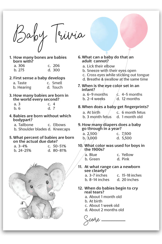 Blue or Pink Gender Reveal • Baby Trivia • SET of 25 • Elephant Baby Shower Game