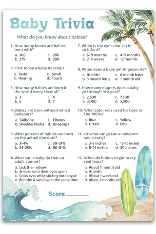 Ocean Surf Baby Shower Game • Baby Trivia • Pack of 25 - Printed