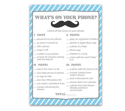 Mustache Boy Baby Shower Game - What's On Your Phone • SET of 25