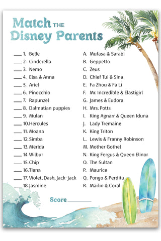 Beach Surf Theme Match Cartoon Parents Baby Shower Games — Pack of 25 — Printed