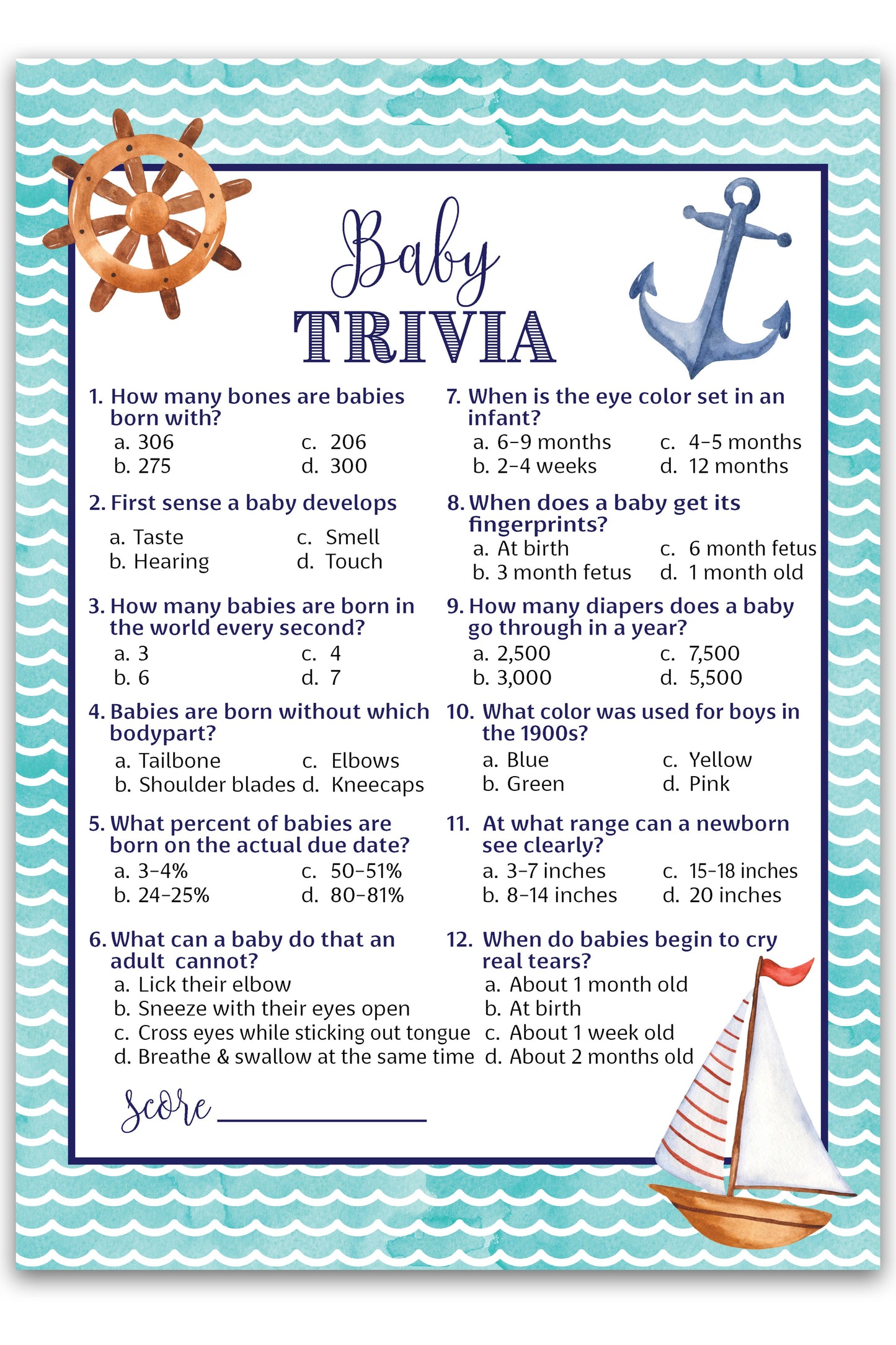 Nautical Baby Shower Game • Baby Trivia • Pack of 25 - Printed