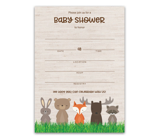 WOODLAND ANIMALS Baby Shower INVITATIONS. Pack of 25