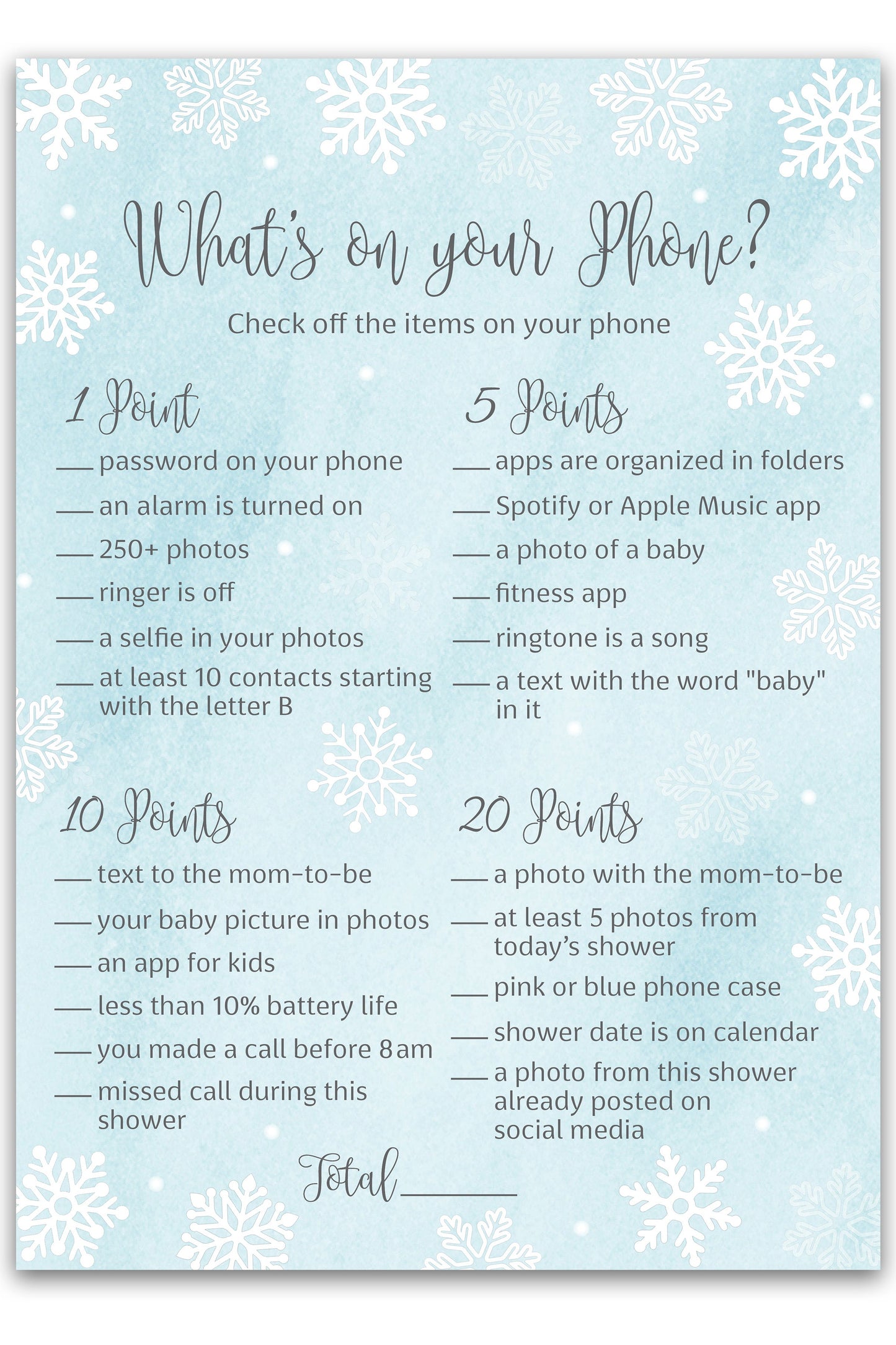 Snowflakes Baby Shower Game – What’s on Your Phone • Pack of 25 • Winter Wonderland Blue Boy Baby Shower Game