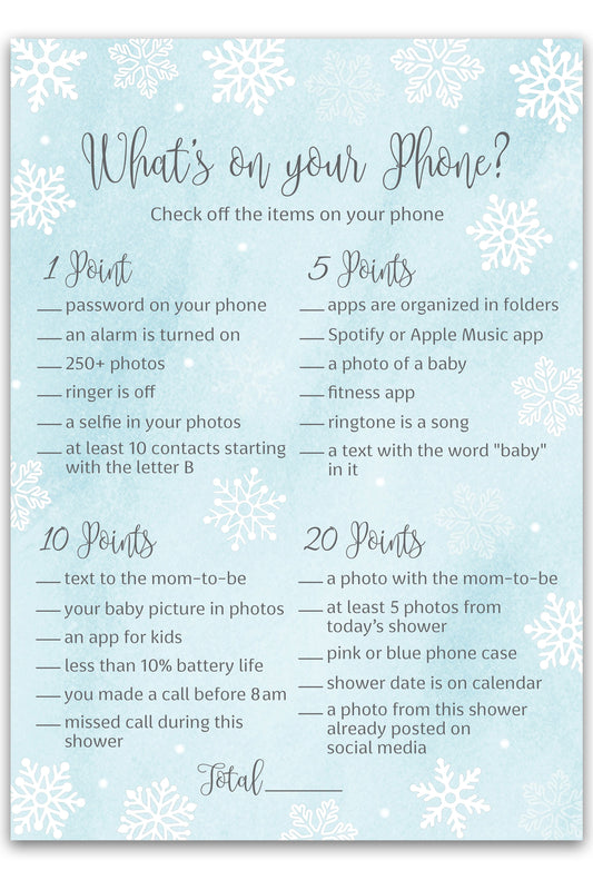 Snowflakes Baby Shower Game – What’s on Your Phone • Pack of 25 • Winter Wonderland Blue Boy Baby Shower Game