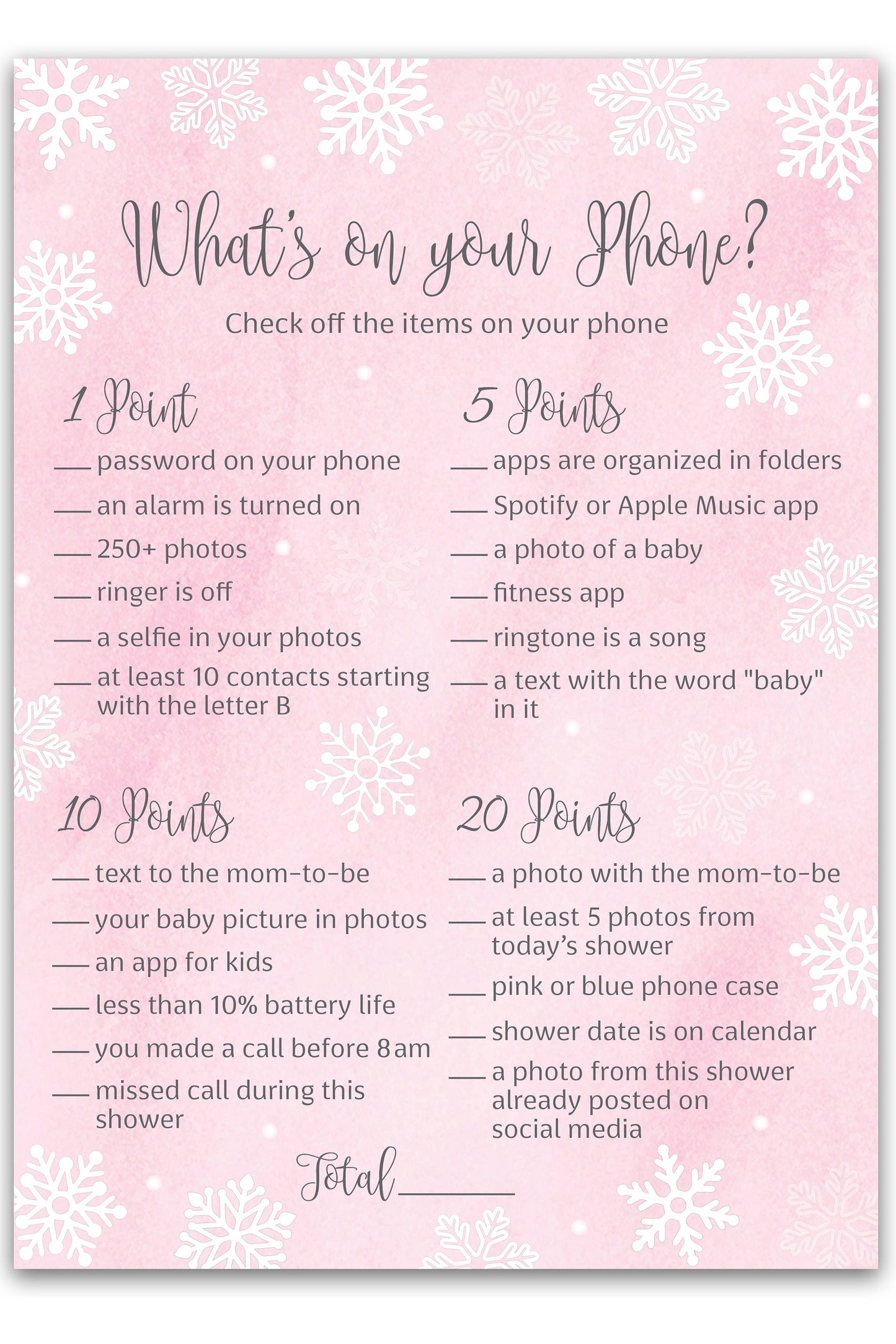 Snowflakes Baby Shower Game – What’s on Your Phone • Pack of 25 • Winter Wonderland Pink Girl Baby Shower Game