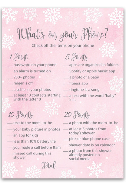 Snowflakes Baby Shower Game – What’s on Your Phone • Pack of 25 • Winter Wonderland Pink Girl Baby Shower Game