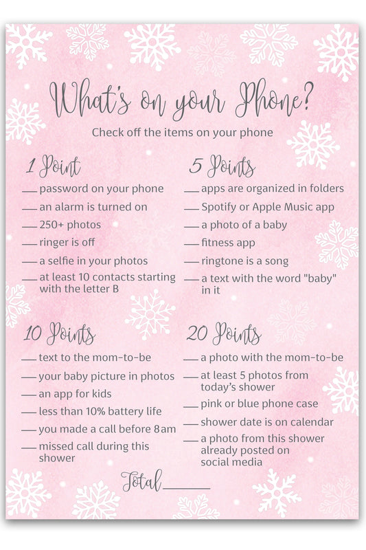 Snowflakes Baby Shower Game – What’s on Your Phone • Pack of 25 • Winter Wonderland Pink Girl Baby Shower Game