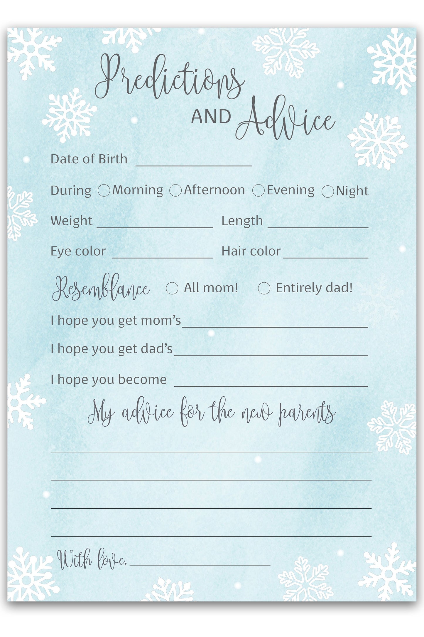 Snowflakes Baby Prediction & Advice Cards • Pack of 25 • Blue Boy Winter Wonderland Baby Shower