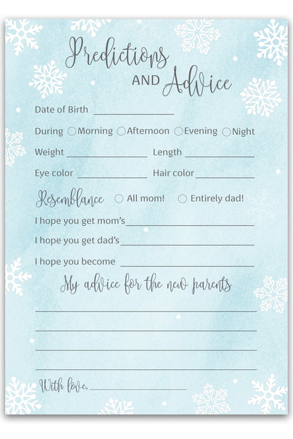 Snowflakes Baby Prediction & Advice Cards • Pack of 25 • Blue Boy Winter Wonderland Baby Shower
