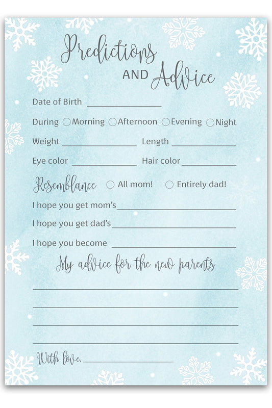 Snowflakes Baby Prediction & Advice Cards • Pack of 25 • Blue Boy Winter Wonderland Baby Shower