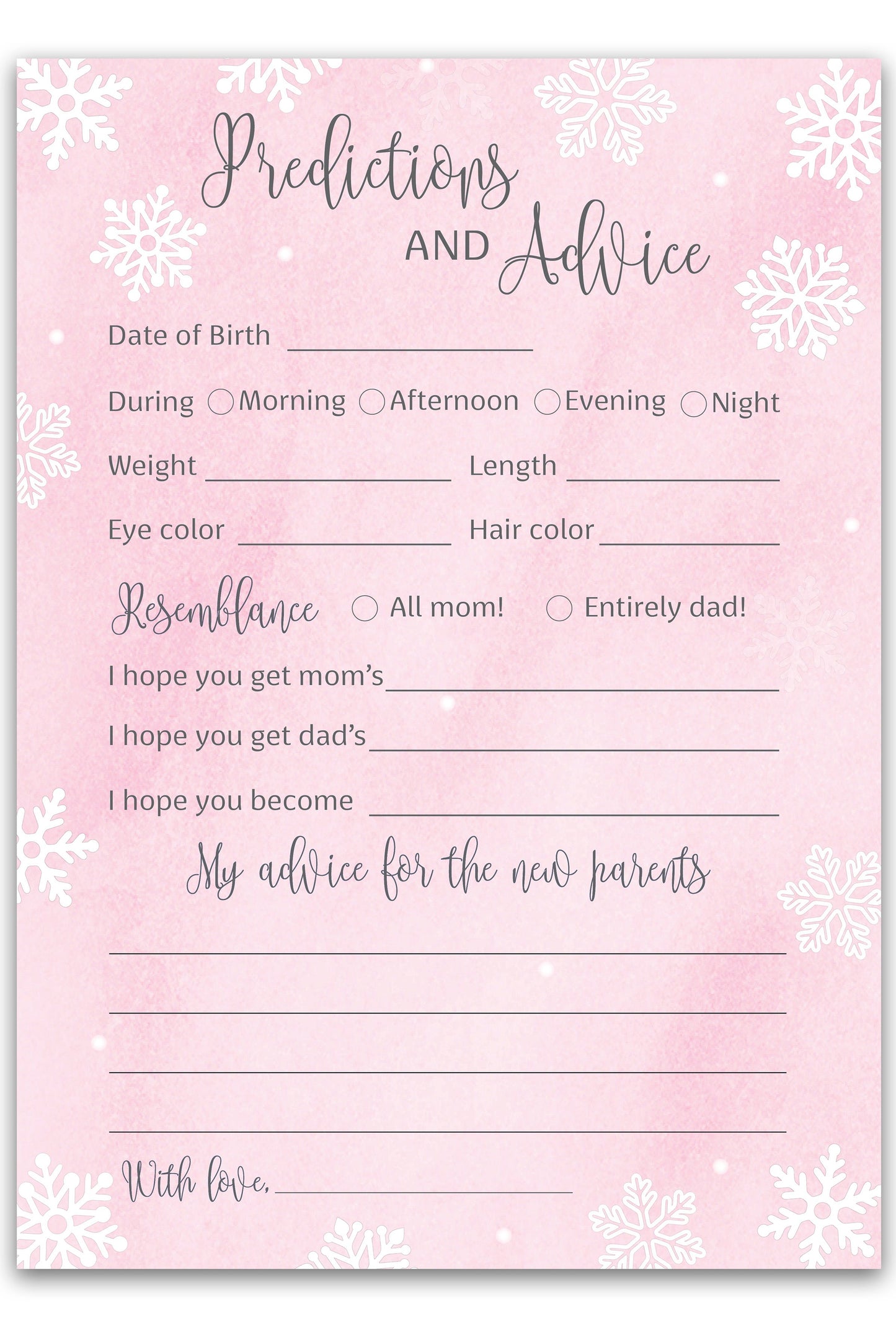 Snowflakes Baby Prediction & Advice Cards • Pack of 25 • Pink Girl Winter Wonderland Baby Shower