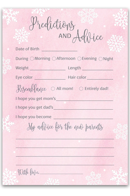 Snowflakes Baby Prediction & Advice Cards • Pack of 25 • Pink Girl Winter Wonderland Baby Shower