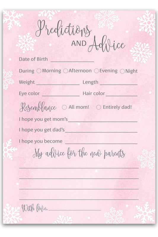 Snowflakes Baby Prediction & Advice Cards • Pack of 25 • Pink Girl Winter Wonderland Baby Shower