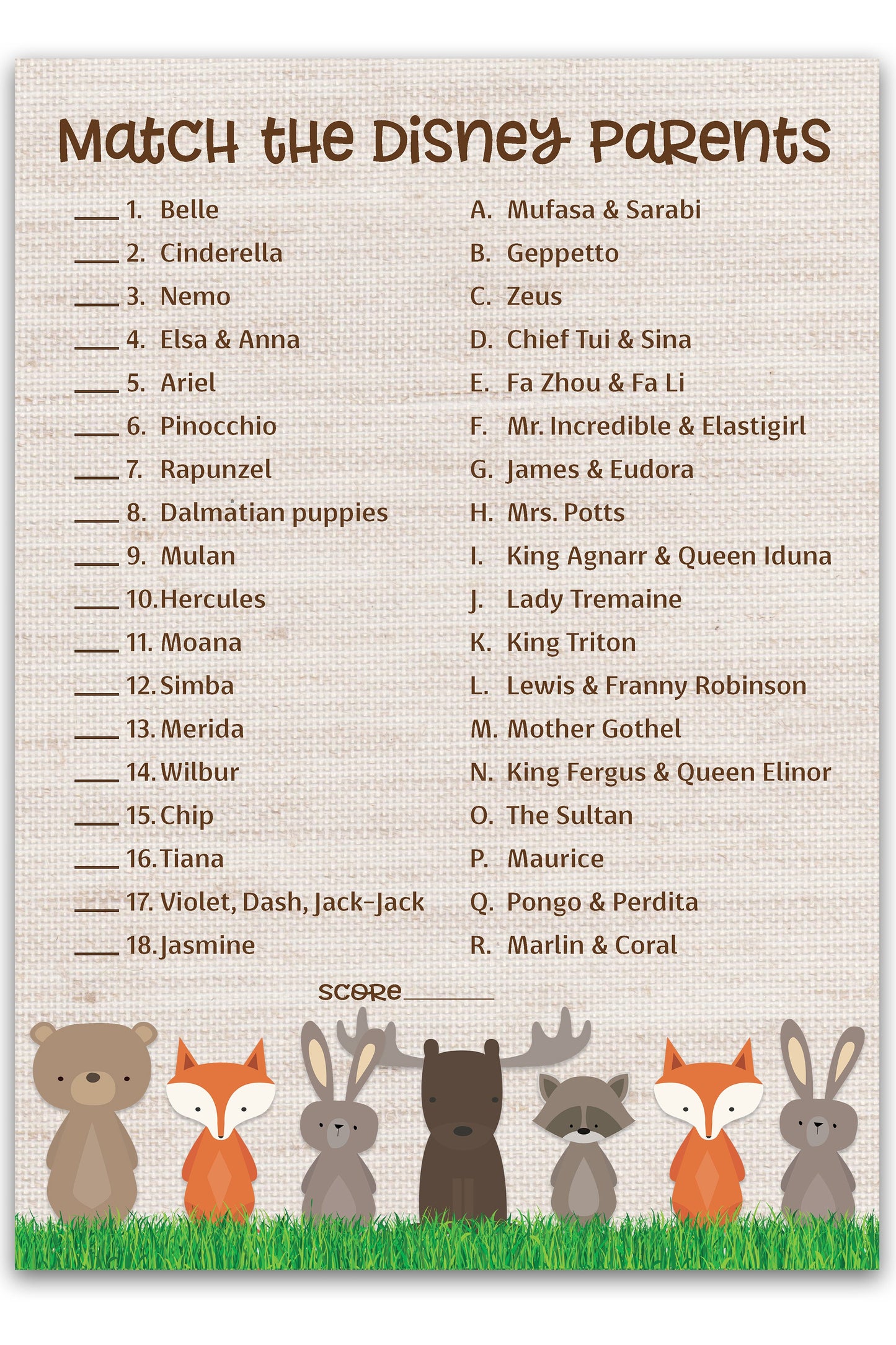 Woodland Animals Baby Shower Game - Disney Parent Match • SET of 25
