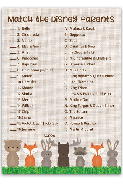 Woodland Animals Baby Shower Game - Disney Parent Match • SET of 25