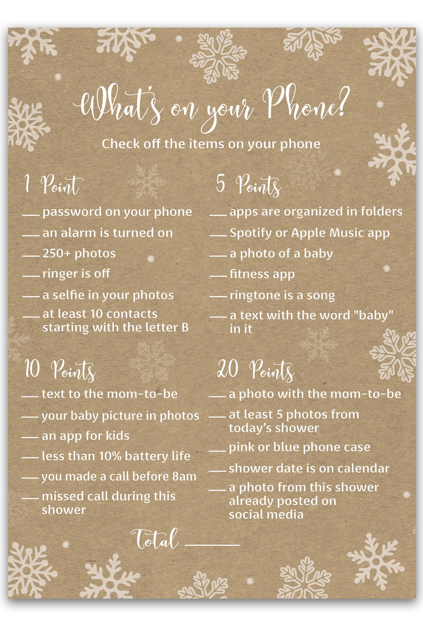 Snowflakes Baby Shower Game – What’s on Your Phone • Pack of 25 • Winter Wonderland Gender Neutral Shower Gender Reveal