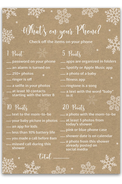 Snowflakes Baby Shower Game – What’s on Your Phone • Pack of 25 • Winter Wonderland Gender Neutral Shower Gender Reveal