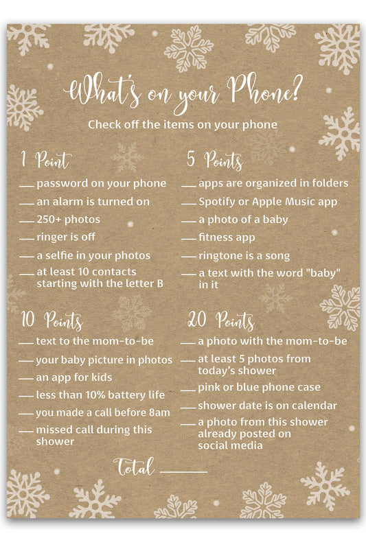 Snowflakes Baby Shower Game – What’s on Your Phone • Pack of 25 • Winter Wonderland Gender Neutral Shower Gender Reveal