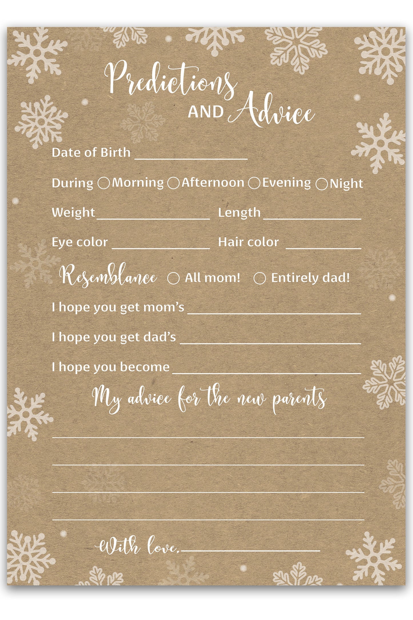 Snowflakes Baby Prediction & Advice Cards • Pack of 25 • Gender Neutral Winter Wonderland Baby Shower