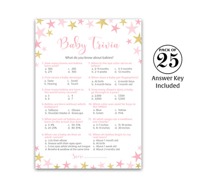 Pink & Gold Star Girl Baby Shower Game - Baby Trivia • SET of 25