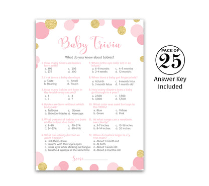 Pink & Gold Polka Dot Confetti Girl Baby Shower Game - Baby Trivia • SET of 25