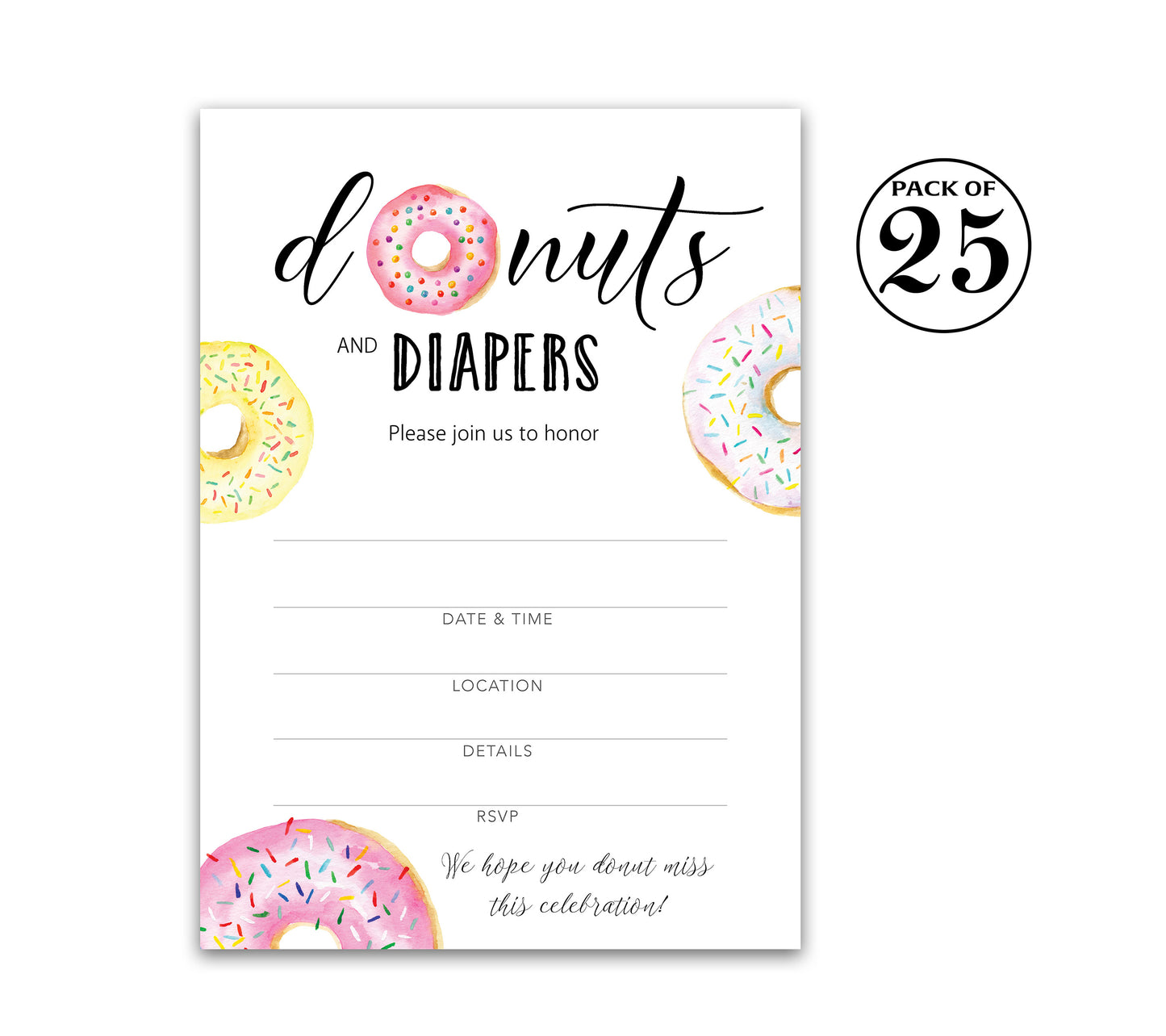 Donut and Diapers Sprinkle Girl Baby shower Invitation — Pack of 25
