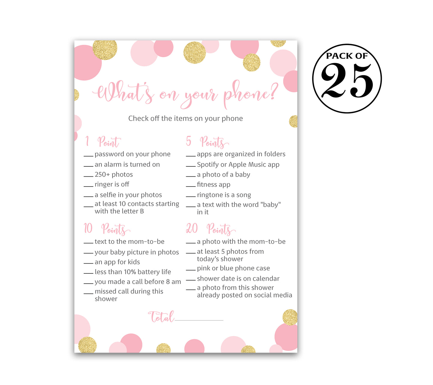 Pink & Gold Polka Dot Confetti Girl Baby Shower Game - What's On Your Phone • SET of 25