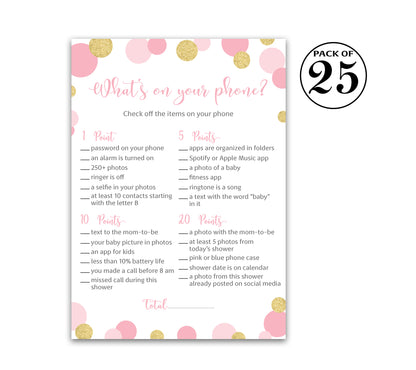 Pink & Gold Polka Dot Confetti Girl Baby Shower Game - What's On Your Phone • SET of 25