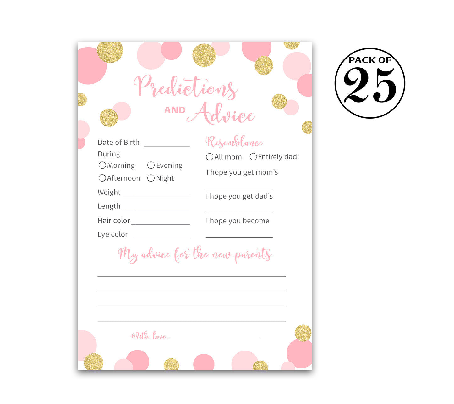 Pink & Gold Polka Dot Confetti Girl Baby Shower Game - Predictions & Advice Cards • SET of 25
