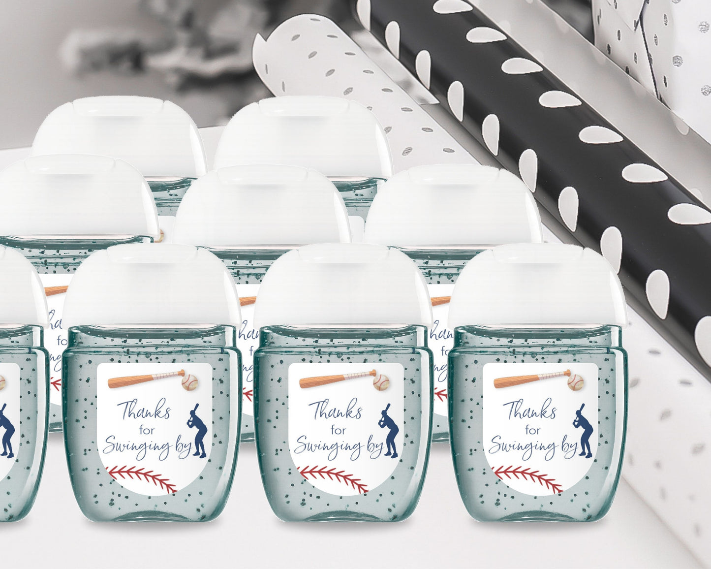 60 Pack PocketBac 1 oz Mini Hand Sanitizer Labels for BaseBall Baby Shower, First Birthday & Sports Theme Party Favors