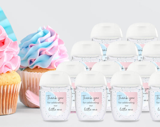 30 Pack PocketBac 1 oz Mini Hand Sanitizer Labels for Pink & Blue Gender Baby Little One Reveal Favor