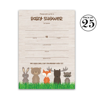 WOODLAND ANIMALS Baby Shower INVITATIONS. Pack of 25