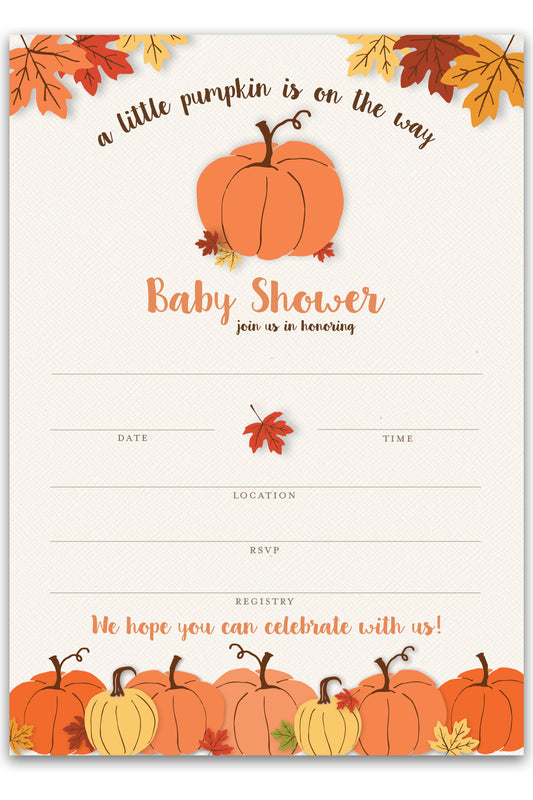 Pumpkin Baby Shower Invitations — Pack of 25 — Gender Neutral Fill-in Invites with Rustic Pumpkin Design