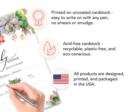 Floral Green Succulents Baby Shower Invitations • SET of 25