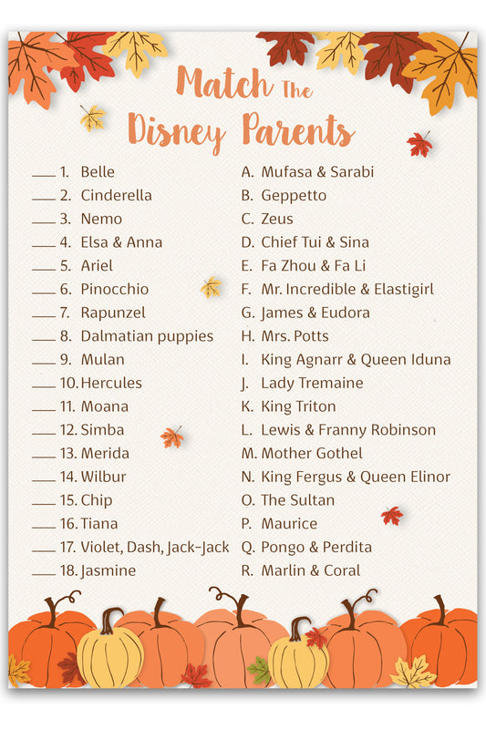 Little Pumpkin Baby Shower Game — Disney Parent Match — Pack of 25 — Fun Fall Cartoon-Themed Activity