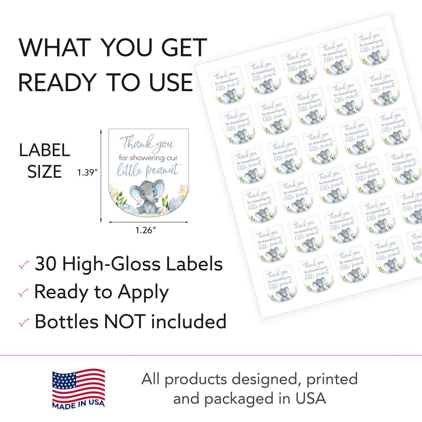 30 Pack PocketBac 1 oz Mini Hand Sanitizer Labels for It’s a Boy Blue Floral Elephant Baby Shower