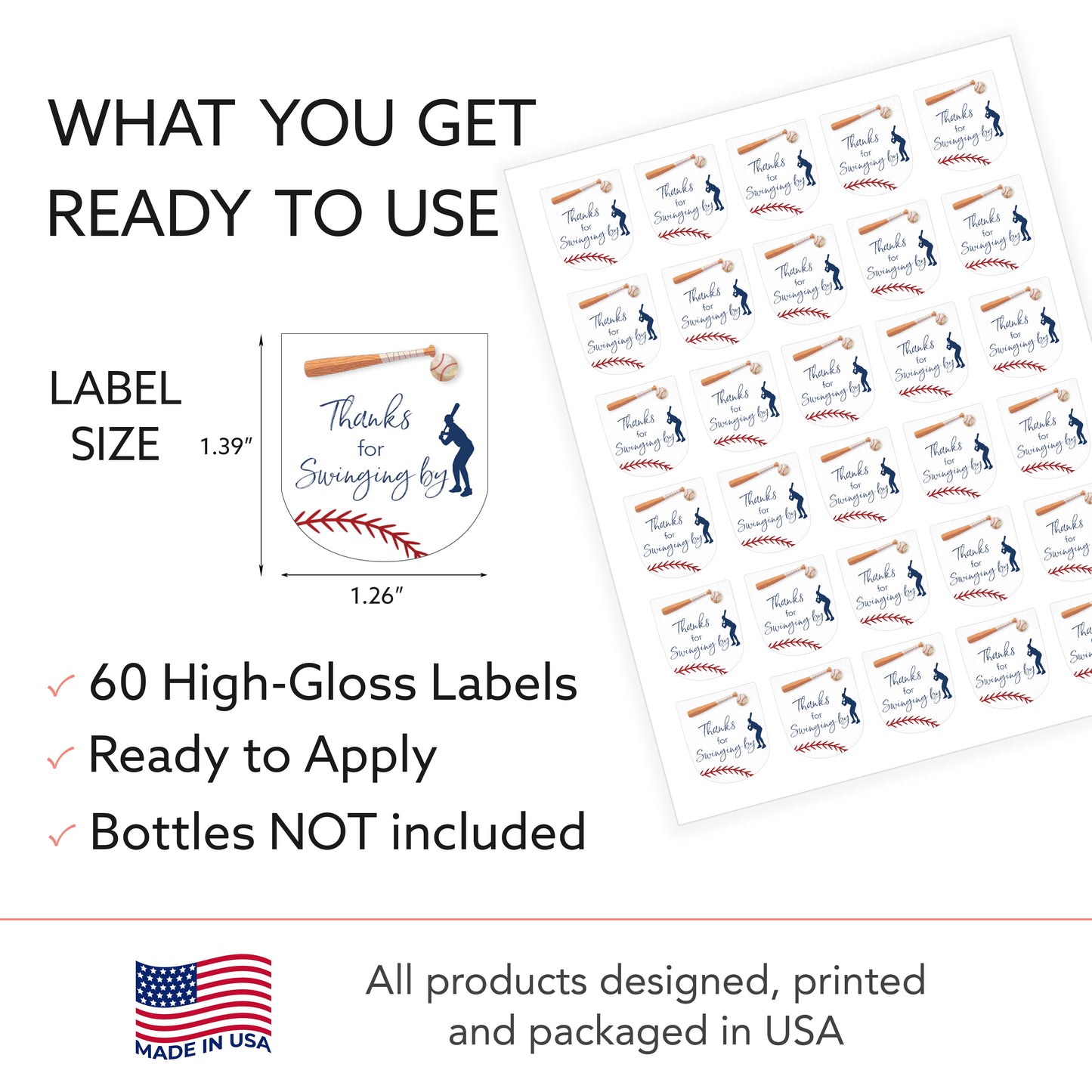 60 Pack PocketBac 1 oz Mini Hand Sanitizer Labels for BaseBall Baby Shower, First Birthday & Sports Theme Party Favors