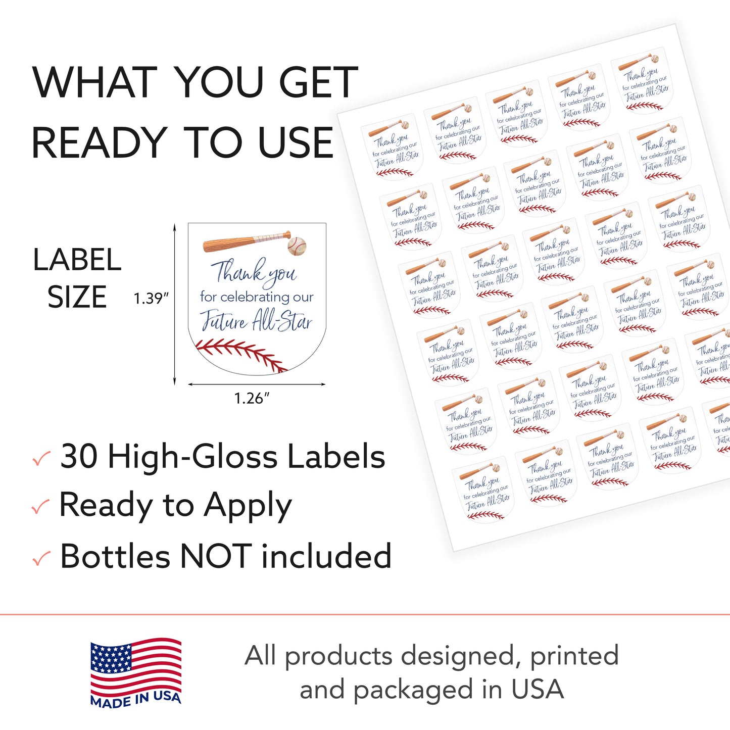 30 Pack PocketBac 1 oz Mini Hand Sanitizer Labels for Baseball All-Star Baby Shower