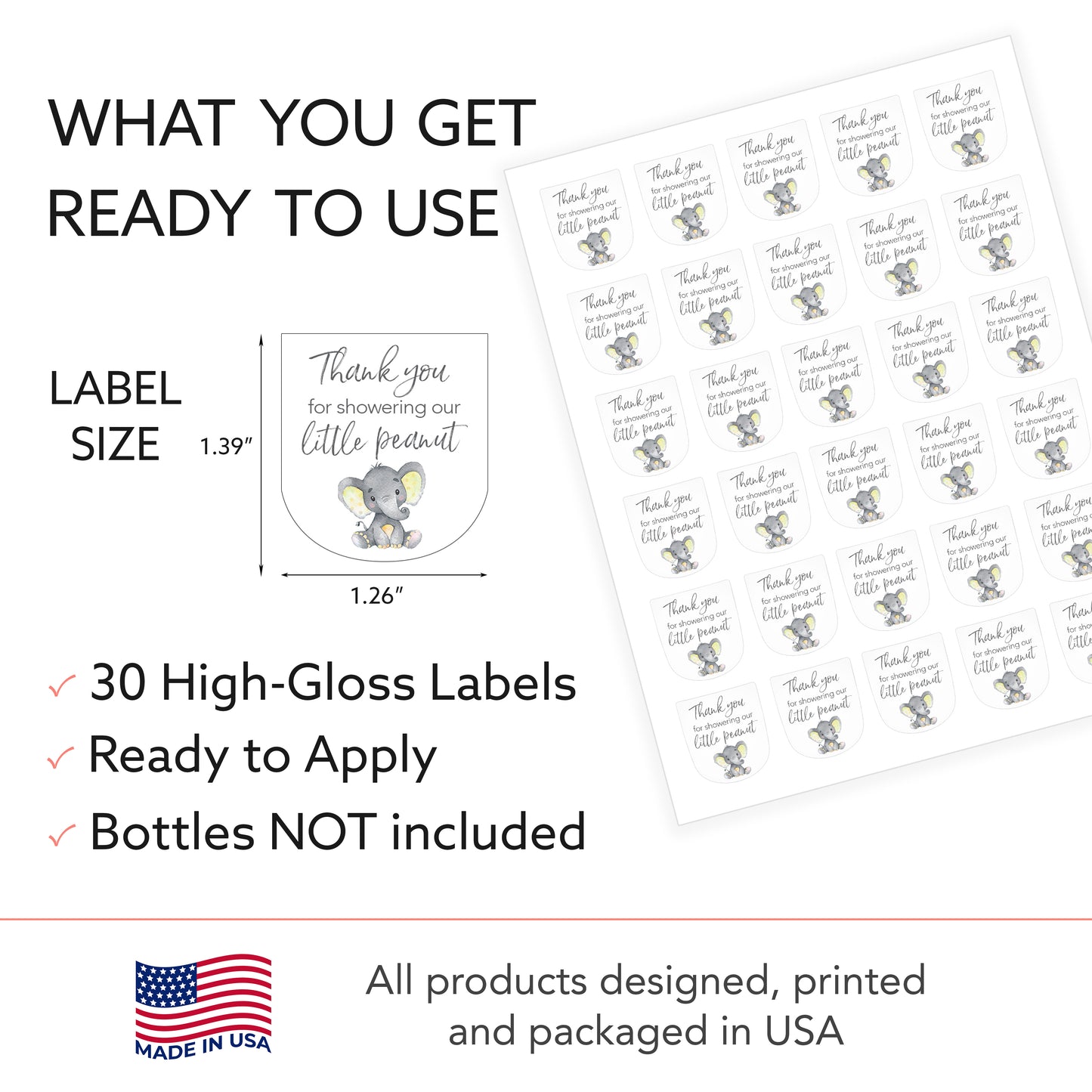 30 Pack PocketBac 1 oz Mini Hand Sanitizer Labels for Gender Neutral Yellow Elephant Baby Shower