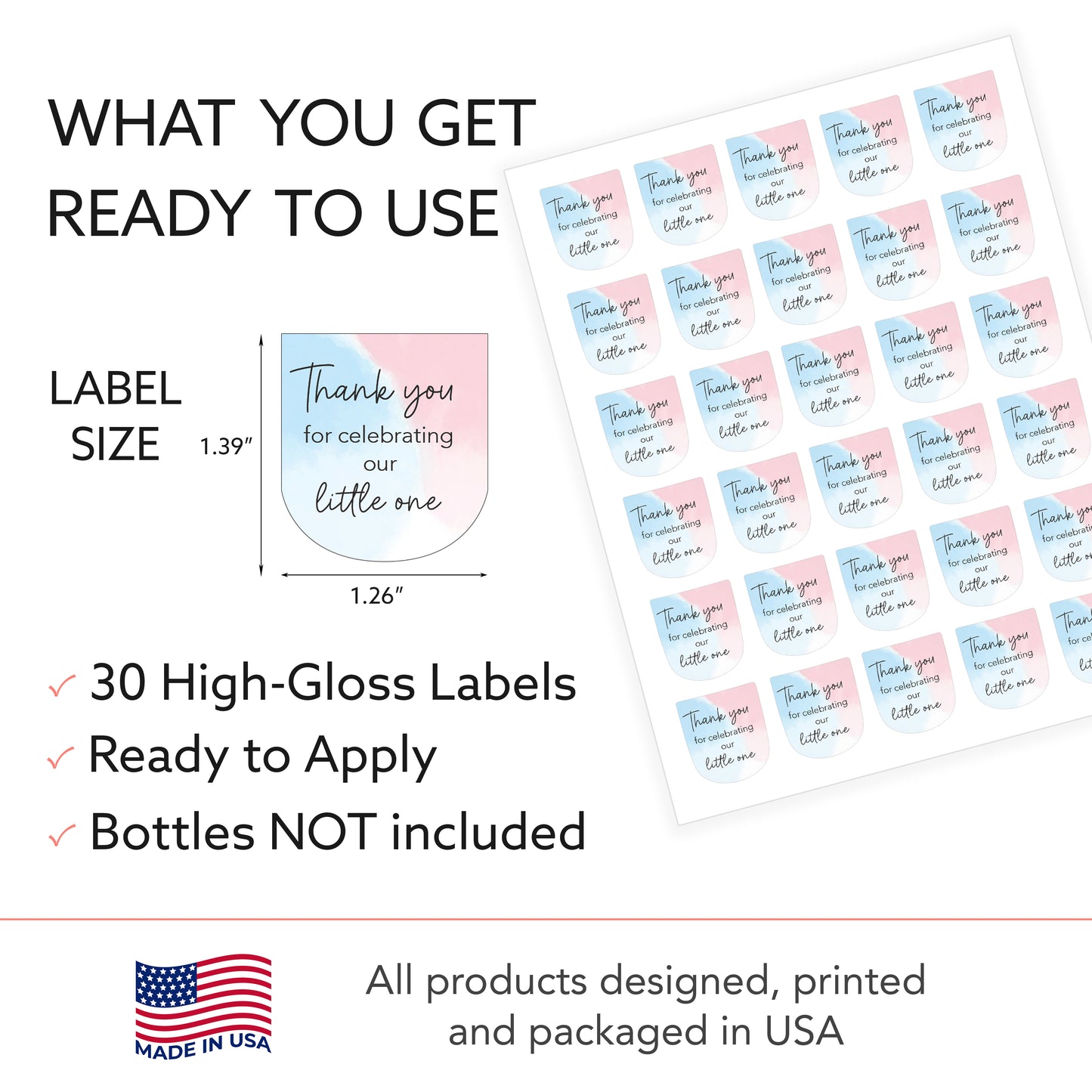 30 Pack PocketBac 1 oz Mini Hand Sanitizer Labels for Pink & Blue Gender Baby Little One Reveal Favor