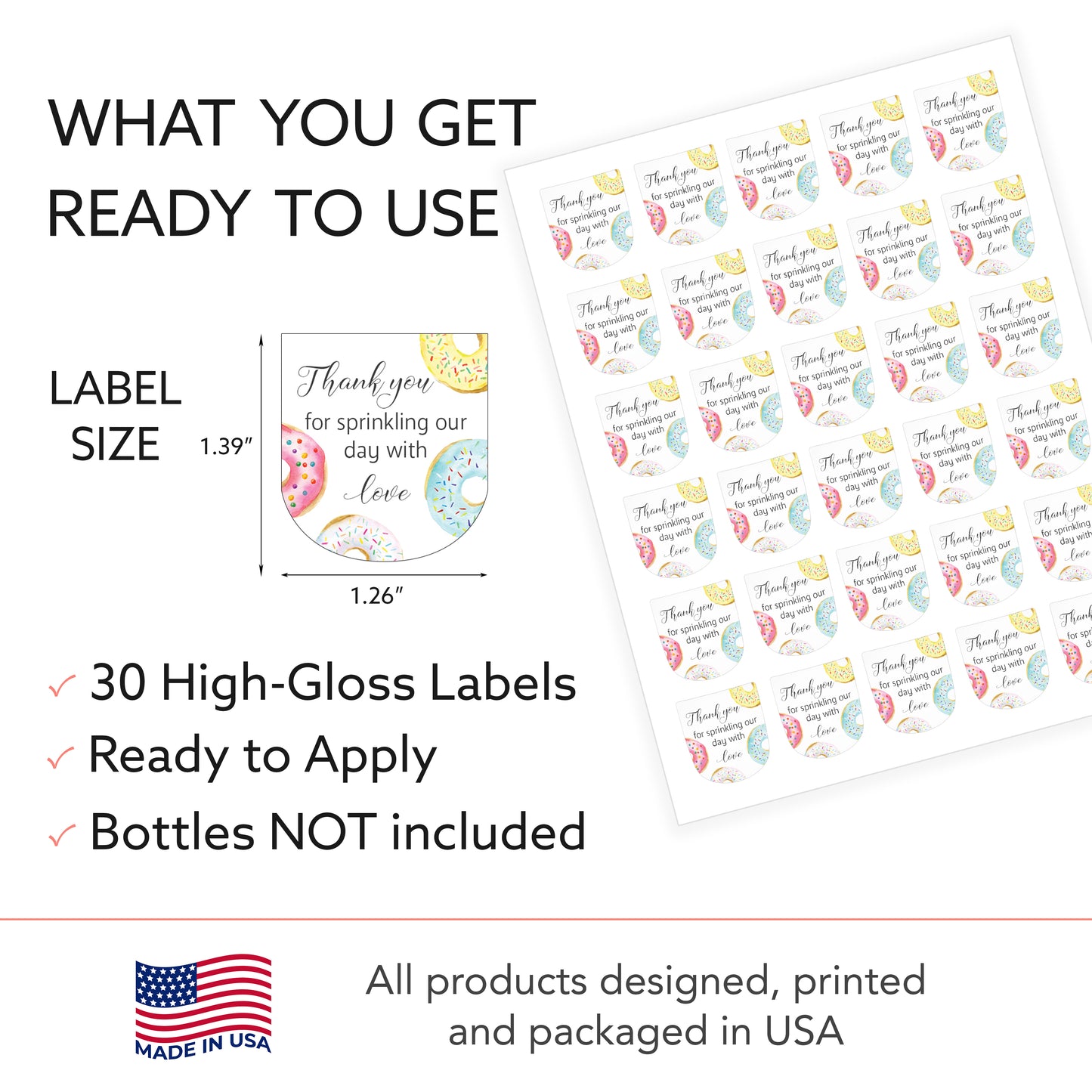 30 Pack PocketBac 1 oz Mini Hand Sanitizer Labels for Gender Neutral Love Donut Theme Baby Shower